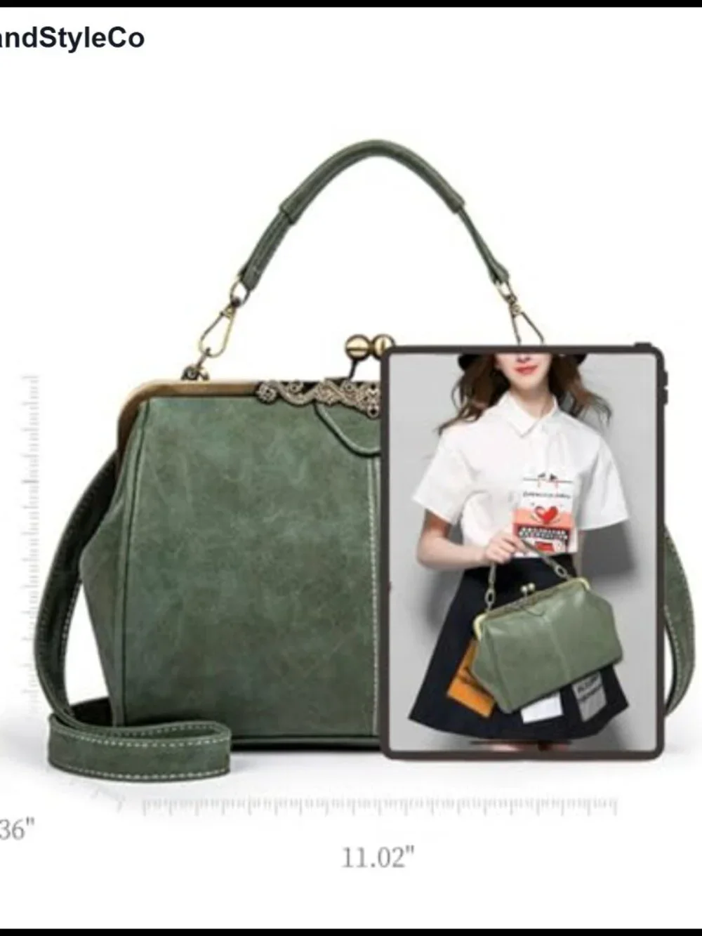Vegan Leather Satchel Handbag with Kiss Lock, Top Handle & Crossbody Strap
